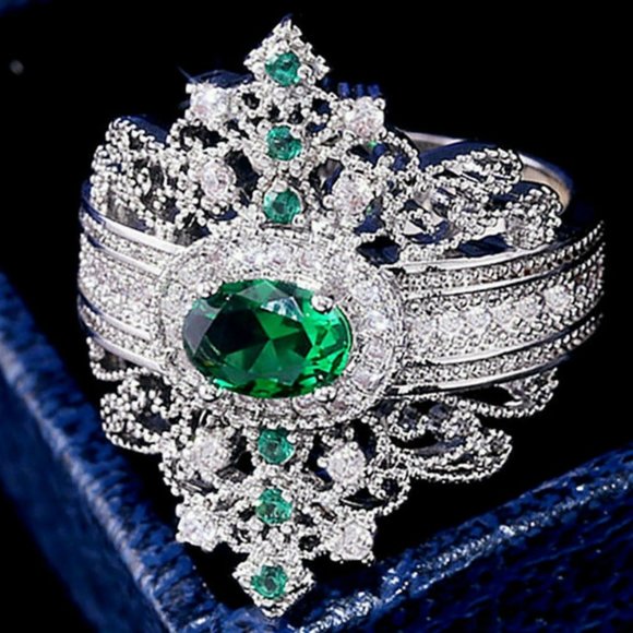 Diamonds and Emeralds Engagement Ring - Picture 1 of 2